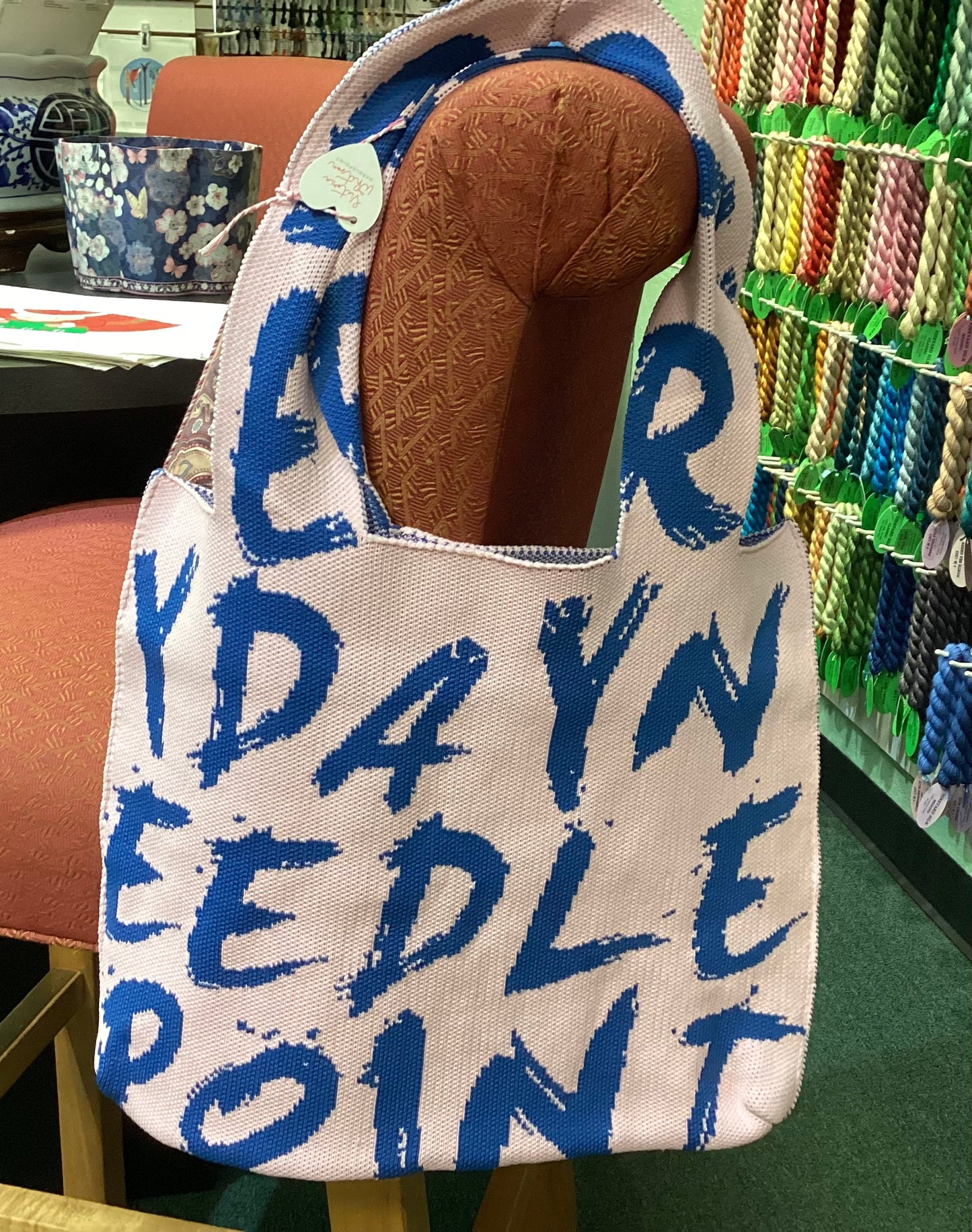 VW Everday Knit pink tote with navy letters