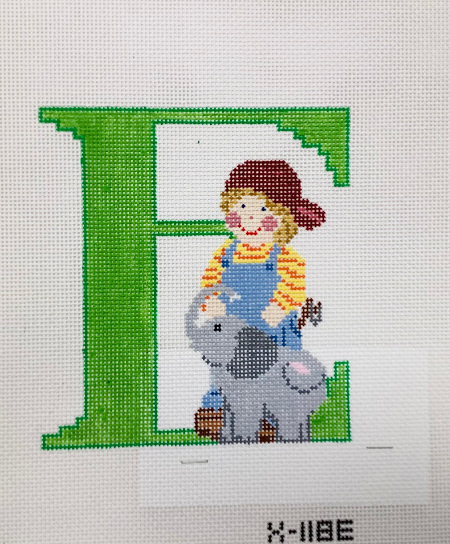 Boy with Elephant Letter E - Needlepoint