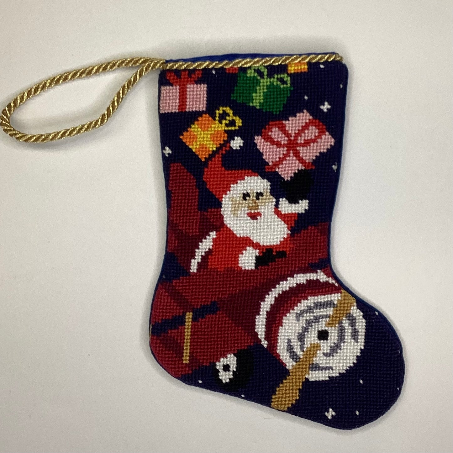 High Flying Santa in Airplane Bauble Stocking – Wool and Willow Needlepoint