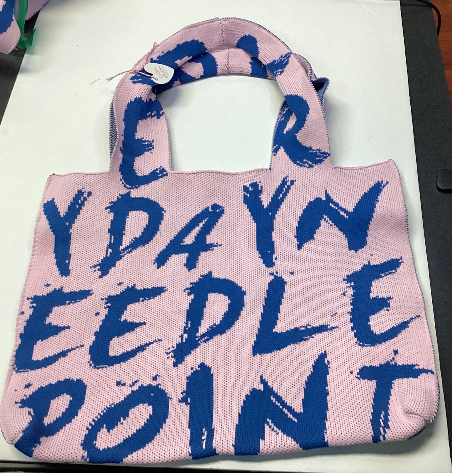 VW Everday Knit pink tote with navy letters