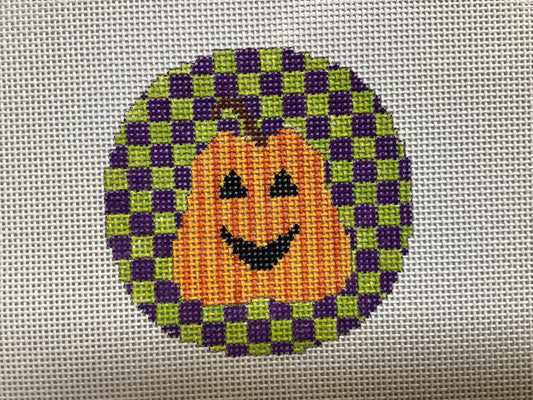 Striped Pumpkin Round on Purple and Green Checkerboard