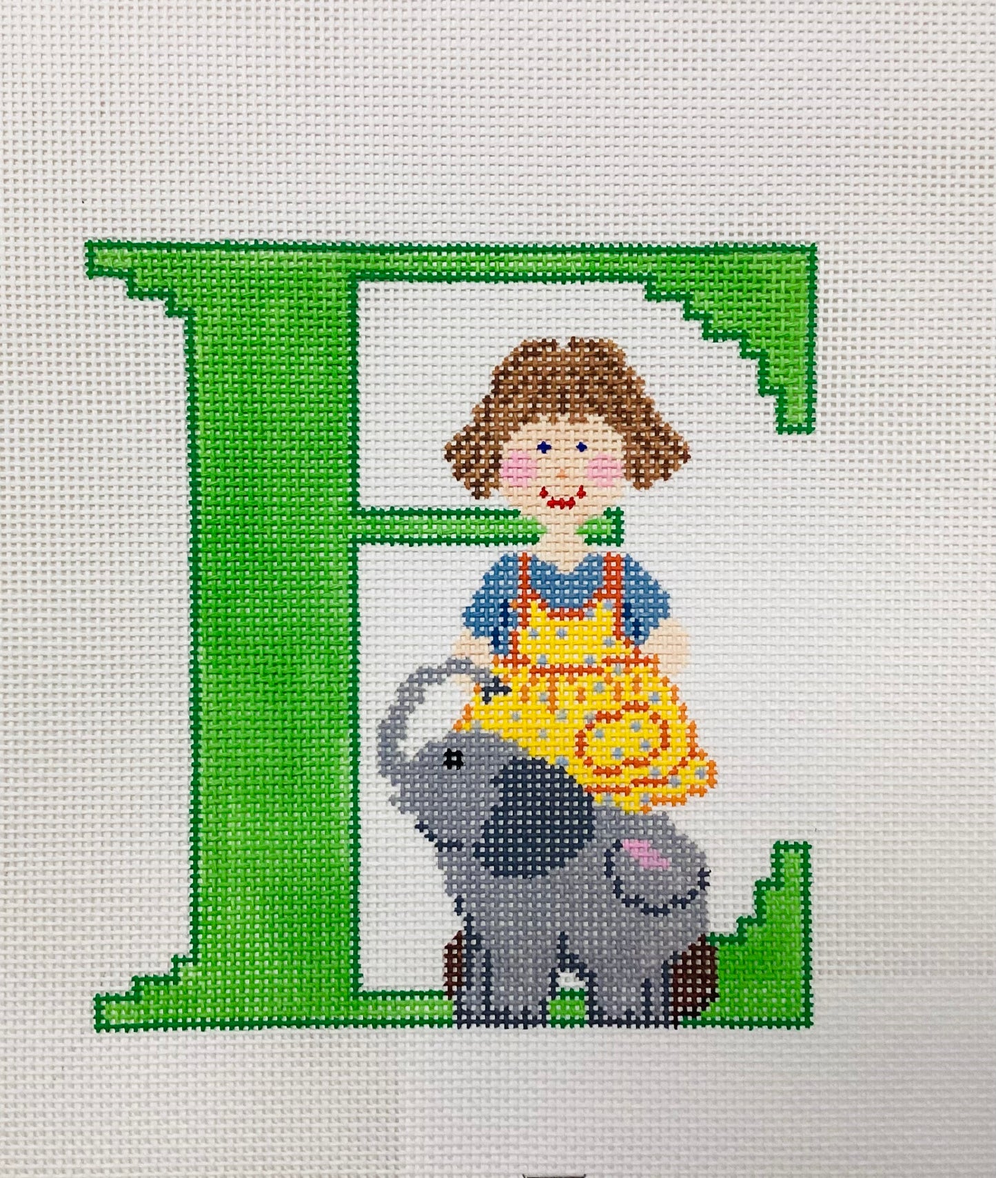 Girl with Elephant Letter E - Needlepoint