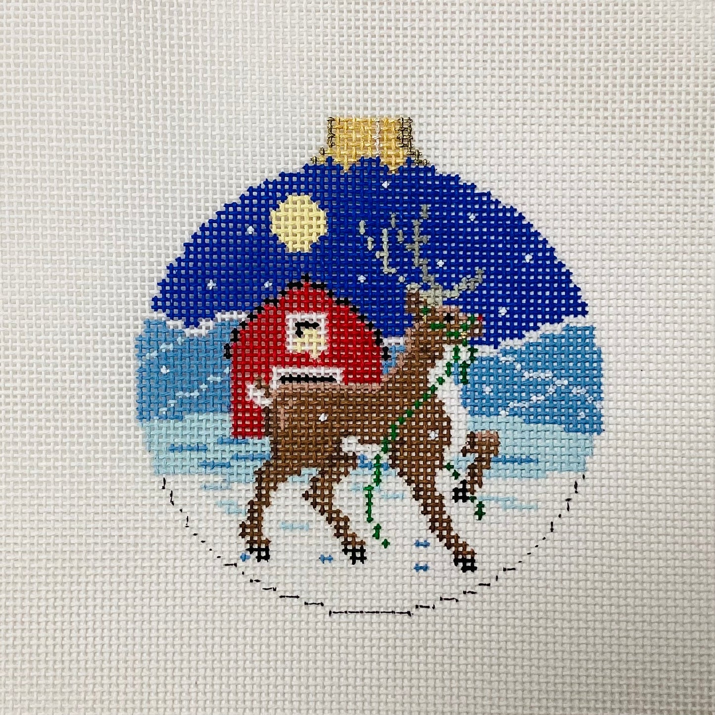 Reindeer and Barn Needlepoint Ornament