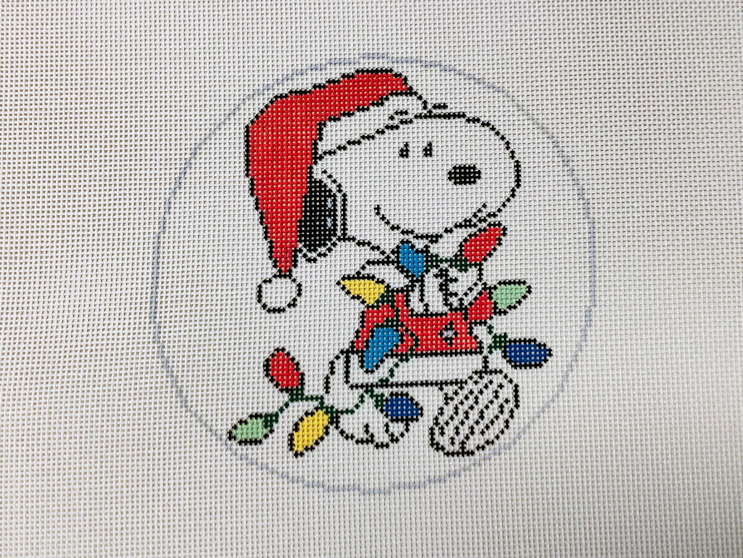 Peanuts Snoopy in Santa Suit Tangled in Lights Needlepoint Canvas